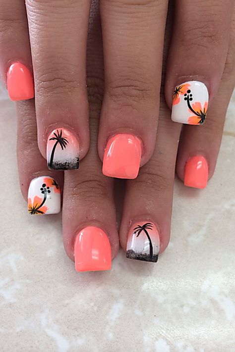 Nail Art Summer Beach, Nail Designs Summer Beach, Palm Tree Nail Art, Hawaii Nails, Tree Nail Art, Cruise Nails, Palm Tree Nails, Beach Nail Designs, Summer Nails Beach