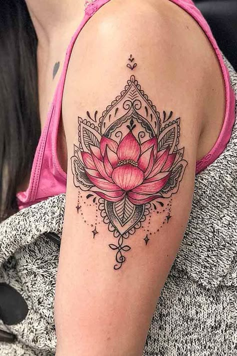 Mandala Tattoo With Pink Lotus Flower #armtattoo Pink Lotus Tattoo, Lotus Flower Tattoo Ideas, Mandala Tattoo Shoulder, Tato Mandala, Lotusblume Tattoo, Lotus Mandala Tattoo, Lotus Flower Tattoo Design, Flower Tattoo Ideas, Lotus Flower Mandala