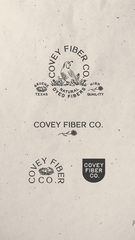 Structured feminine lettering meets hand drawn illustrations of quail coveys and nests alongside fields sprinkled with calendula flowers for the Covey Fiber Co. branding. A vintage and organic feeling is created when looking at the brand. This old world flair helps yarn connoisseurs identify Covey Fiber Co. as the most ethical brand you can get as if it came straight out of the “good ol’ days”.   Organic Brand Idenitity and Logo Design with Illustration Meadow Logo Design, Yarn Branding Design, Long Name Branding, Fall Logo Design, Thrift Store Branding, Old Logo Design, Farm Logo Design Branding, Organic Lettering, Folk Branding