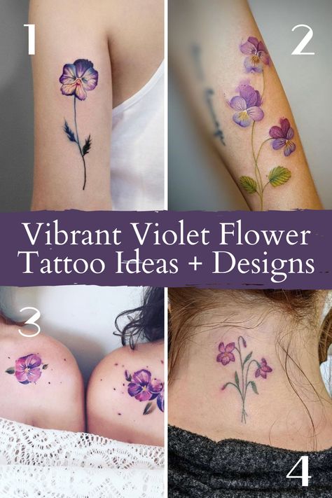 Vibrant Violet Flower Tattoo Ideas + Designs - TattooGlee Purple Flower Shoulder Tattoo, Purple Floral Tattoo, February Flower Tattoo Color, White Violet Tattoo, Flowers With Birthday Tattoo, Sweet Violet Tattoo, Watercolor Violets Tattoo, Sweet Pea And Violet Flower Tattoo, Dainty Violet Flower Tattoo