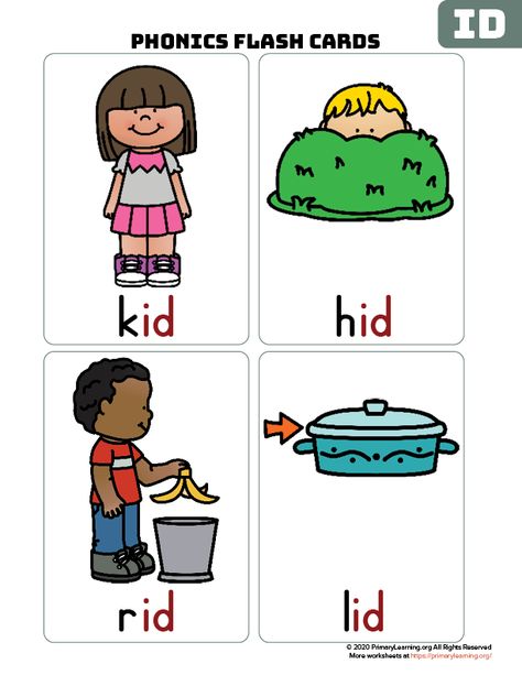 ID #wordfamily #flashcards help students learn to read. Words: hid, kid, lid, rid. #phonics #primarylearning #kindergarten https://primarylearning.org/worksheet/id-word-family-flash-cards/ Flower Crafts Preschool, Kindergarten Word Families, Preschool Calendar, Cvc Worksheets, Alphabet Line, Cvc Words Kindergarten, Vowel Worksheets, Rhyming Activities, School Elementary