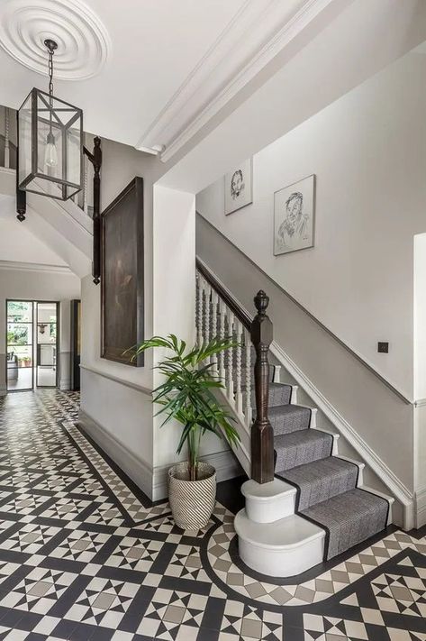 Victorian Hallway Ideas, Victorian Terrace Hallway, Edwardian Hallway, Stairs And Hallway Ideas, Victorian Staircase, Hallway Tiles Floor, Hall Tiles, Entrance Hall Decor, Black And White Tile