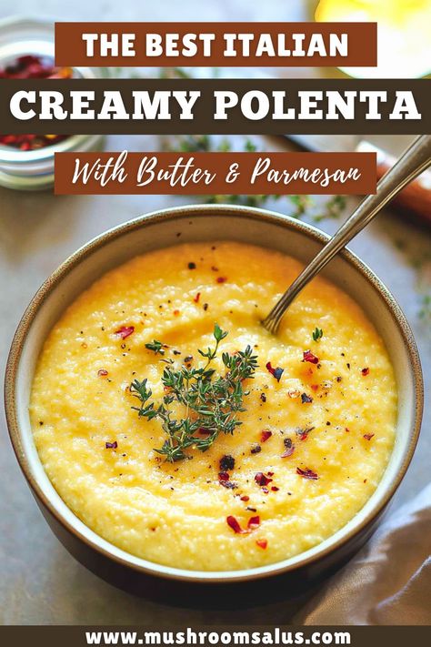 Indulge in this creamy, cheesy polenta with Parmesan! Smooth, rich, and incredibly comforting, this easy recipe is perfect as a side dish or a cozy main. Ready in minutes, it’s a versatile dish that pairs beautifully with almost anything! Creamy Polenta Recipes, Hot Side Dishes, Baked Casseroles, Italian Polenta, Cheesy Polenta, Parmesan Polenta, Mushroom Recipes Vegan, Bbq Potluck, Polenta Recipe