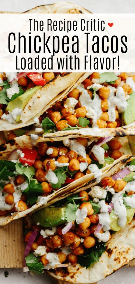 Chickpea tacos are a great way to get your daily protein and all the Tex-Mex flavors that you crave! These flavorful tacos are loaded with fresh veggies and topped off with a creamy cilantro drizzle! Garbanzo Tacos, Mediterranean Tacos Recipes, Mediterranean Tacos, Garbanzo Bean Tacos, Veggie Tacos Recipes Easy, Meatless Tacos, Garbanzo Bean Taco Recipes, Veggie Street Tacos, Vegetarian Street Tacos