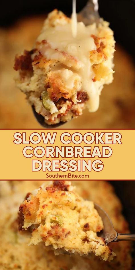 Struggling with a packed kitchen during holiday season? Free up some of that oven space with our handy Slow Cooker Cornbread Dressing recipe. And don't worry, you don't have to sacrifice any flavor! Slow Cooker Dressing Recipes, Country Cornbread Dressing, Cornbread Biscuit Dressing, Crock Pot Cornbread Dressing, Cornbread Dressing Crockpot, Southern Dressing Recipe Deep South Dish, Cornbread Dressing Small Batch, Ham Dressing Recipe, Easy Cornbread Dressing Southern