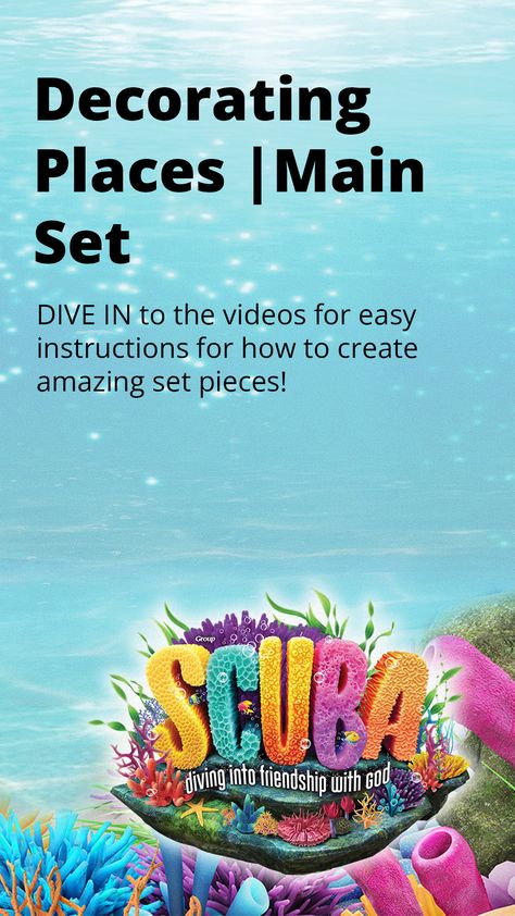 Check out step-by-step instructions for creating an underwater world for your Scuba VBS set! Scuba Vbs Stage Decorations, Scuba Vbs 2024 Decorating Ideas, Scuba Vbs 2024 Decorations Diy, Scuba Vbs Decorations, Under The Sea Vbs Decorations, Scuba Decorations, Scuba Vbs 2024 Decorations, Scuba Vbs 2024 Crafts, Scuba Vbs 2024 Sticky Scripture