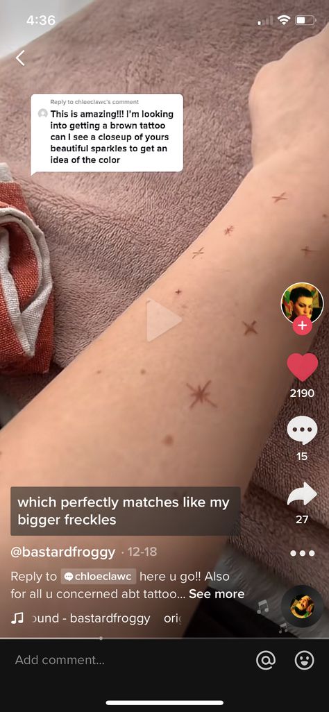 Freckle Stars Tattoo, Freckles Star Tattoo, Tattoos Over Freckles, Light Brown Tattoo Ink, Brown Star Freckle Tattoo, Sparkle Chest Tattoo Female, Freckle Star Tattoo, Star Freckles Tattoo, Brown Freckle Tattoo