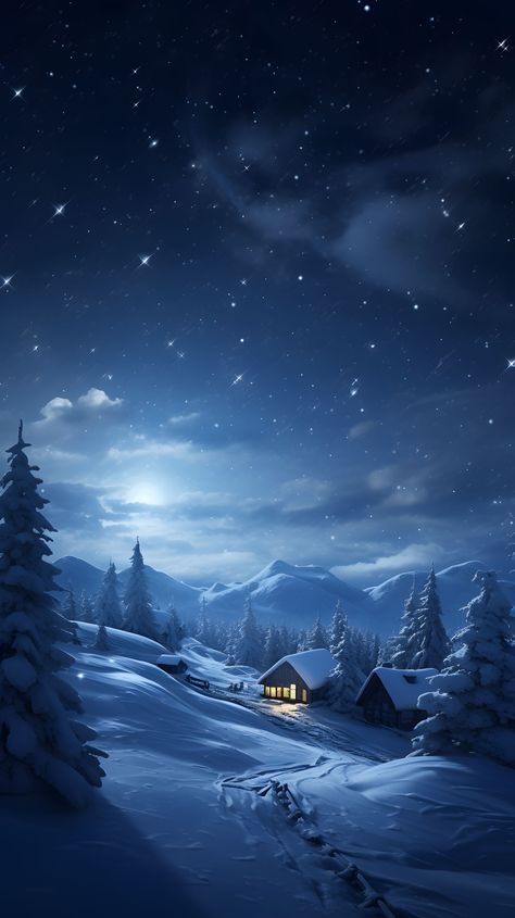 Night Winter Wallpaper, Winter Night Wallpaper, Snowscape Painting, Winter Wonderland Background, Winter Christmas Scenes, Snow Night, Winter Landscapes, Android Wallpaper Art, Christmas Wallpaper Backgrounds