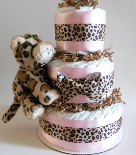 Leopard Baby Shower Diaper Cake by DiaperCakeBoutique on Etsy, $47.00 Leopard Baby Showers, Pamper Cake, Girl Shower Themes, Leopard Baby, Baby Shower Diaper Cake, Baby Diaper Cake, Baby Leopard