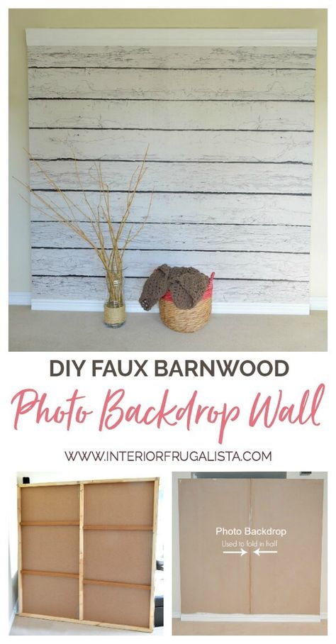 A great idea for making a DIY Photo Backdrop Wall with MDF and an EasyOff barnwood mural that photos like the real thing! It's perfect wallpaper for rentals too! Build A Photo Backdrop, Wooden Photo Backdrop Diy, Wood Wall Photo Backdrop, Diy Freestanding Wall, Diy Wood Photo Backdrop, Portable Backdrop Wall, Photography Backdrops Diy Homemade, Backdrop Wall Diy, Mdf Backdrop