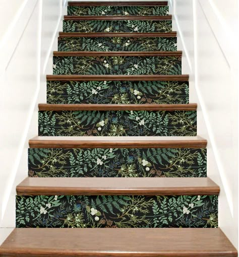 Stair Riser Decals Botanical, Dark Fern Stair Decals, Staircase Decals Peel & Stick Vinyl, Stair Riser Stickers, Stairway Decal Strips Decor - Etsy UK Stair Decals Staircases, Stair Riser Wallpaper, Decorated Stair Risers, Stair Stickers Vinyl Decals, Peel And Stick Wallpaper Stair Risers, Painted Outdoor Stairs, Wallpapered Stairs Risers, Stair Riser Ideas Diy, Staircase Riser Ideas