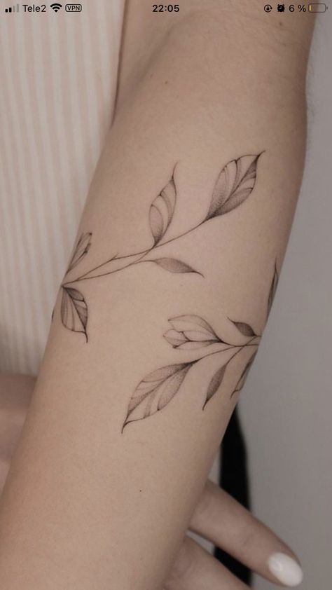 Feminine Leaf Tattoo, Wrap Around Elbow Tattoos For Women, Women Back Of Arm Tattoo, Willow Leaves Tattoo, Leaf Wrap Around Tattoo Arm, Willow Leaf Tattoo, Branches Tattoo, Tattoo Christian, Vietnam Tattoo