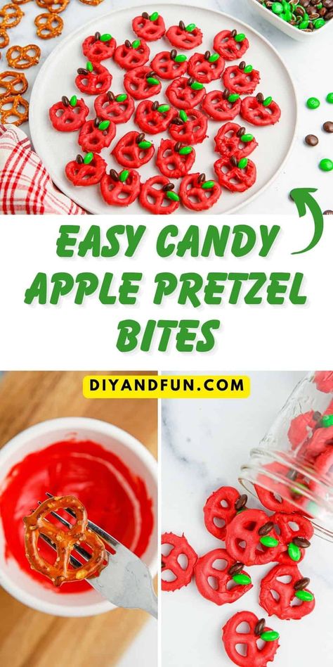 Apple Pretzels, Apple Party, Pretzel Snacks, Back To School Lunch, Diy Dessert, Easy Candy, Apple Bite, Mini Pretzels, Homemade Candies