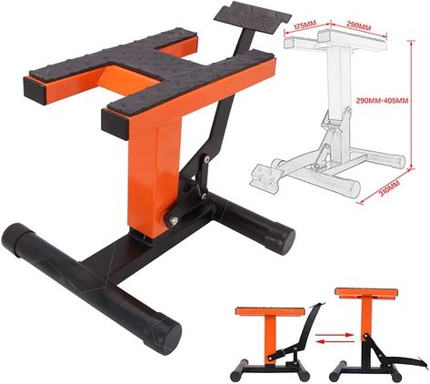 The MX lift stand Fully adjustable deck height allows fit for most bikes. Adjustable range: 29 cm (11.4 in) - 40.5 cm (15.9 in). This dirt bike repair stand is designed for holding up a dirt bike / motorcycle etc for service or storage Half Bike, Bike Stand Diy, Motorcycle Stand, Bike Repair Stand, Bike Lift, Dirt Bike Gear, Car Advertising Design, Road Motorcycle, Jack Stands