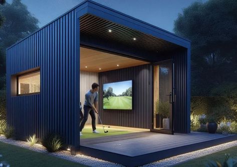 Golf Simulator Shed, Shed Exterior, Simulator Room, Home Golf Simulator, Golf Simulator Room, Golf Simulator, Modern Shed, Golf Simulators, Barn Design