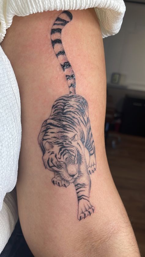 Tiger tattoo Arm Tiger Tattoo, Crouching Tiger Tattoo, Arm Tattoos Tiger, Women's Shoulder Tattoo, Tattoo Fine Line, Crouching Tiger, Tiger Tattoo Design, Beautiful Flower Tattoos, Black Girls With Tattoos