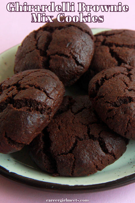 OMG, this Ghirardelli brownie mix cookies recipe is insanely delicious!! While you'll need a box of triple chocolate Ghirardelli mix, it's still a homemade from scratch cookie in my opinion. You can't beat it's fudgy taste and texture. This brownie mix recipe is for a box of Ghirardelli, but I know pillsbury, betty crocker and other brands sell boxed brownie mixes so you may need to adjust. Baking these cookies is great for any occasion especially Christmas! You can also add optional m&m's. Cookie Brownies From Mix Boxes, Cookies Made With Brownie Mix Boxes, Giardelli Brownie Mix Recipes, Brownie Mix Christmas Cookies, Brownie Brittle From Mix Boxes, How To Make Cookies From Brownie Mix Boxes, Brownie Mix Cookie Recipes, Cookies With Brownie Mix Boxes, Ghirardelli Brownie Mix Cookies