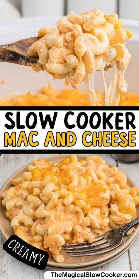 Slow Cooker Mac and Cheese has tender pasta, cream cheese and sharp cheese for the best and easiest mac and cheese  ever! #macandcheese #slowcooker #crockpot #easyrecipes Slow Cooker Mac And Cheese With Cream Cheese, Easy Mac And Cheese Crockpot Recipes, Max And Cheese Crock Pot, Creamy Crockpot Macaroni And Cheese, Easy Crockpot Mac And Cheese Simple, Crockpot Mac And Cheese With Cheese Soup, Easy Crock Pot Mac And Cheese Simple, Homemade Macaroni And Cheese Crockpot, The Best Crockpot Mac And Cheese