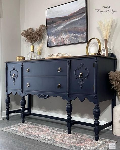 Jacobean Sideboard Makeover, Navy Blue Sideboard, Jacobean Furniture Makeover, Navy Buffet Sideboard, Jacobean Aesthetic, Deep Blue Furniture, Blue Buffet Sideboard, Dark Blue Furniture, Navy Sideboard