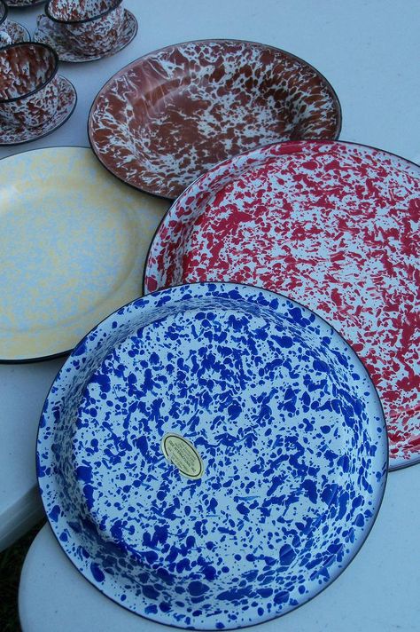 Enamel Ware Set Speckled Blue Pie Plate Red Serving Dish Yellow Camp Bowl ...  etsy.com Speckled Plates, Blue Pie, Camping Plates, Vintage Scales, Western Dishes, Enamel Dishes, Tin Kitchen, Pie Tin, Enamel Ware