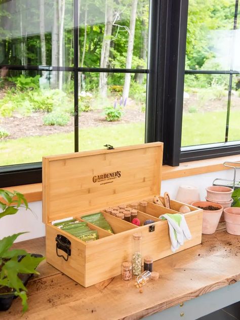 Bamboo Seed Saver Kit full of seeds on a work bench in a house Seed Bank Storage, Seed Collection Storage, Seed Box Storage, Garden Seeds Packets, Plant Spirit, Bamboo Containers, Garden Station, Bamboo Seeds, Seed Storage