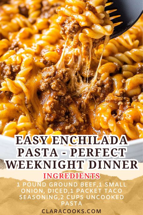 Easy Enchilada Pasta - Perfect Weeknight Dinner Chicken Enchiladas Pasta, Easy Quick Mexican Recipes, One Pot Enchilada Pasta, Easy One Skillet Meals, Easy Yummy Dinners, Mexican Dishes Authentic, Quick Mexican Recipes, Chicken Enchilada Pasta, Cheap Healthy Dinners