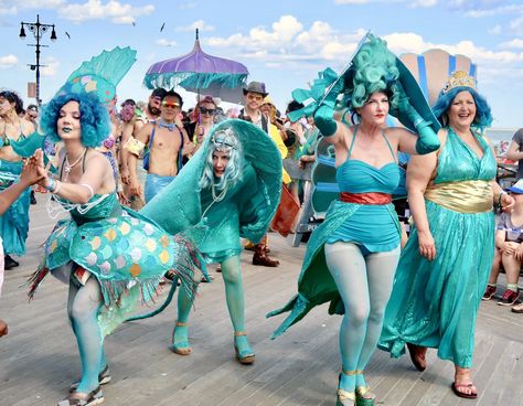 The Coney Island Mermaid Parade Coney Island Beach, Beach Costume, Only Daughter, Mermaid Parade, Little Mermaid Costume, New York Summer, Four People, Mermaid Life, Harley Quinn Cosplay