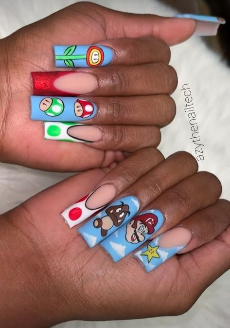 Super Mario Brother Nails, Mario Cart Nails, Super Mario Nails Art, Mario Brothers Nails, Mario Acrylic Nails, Super Mario Nail Designs, Mario Bros Nails Art Designs, Mario Nail Designs, Super Mario Bros Nails