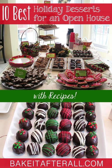 Recipes for the 10 Best Holiday Desserts to serve at an Open House plus classic Christmas Cookie Recipes #holidayrecipes #holidaydesserts #holidaytreats #holidayopenhouseideas #holidayopenhouse #holidayopenhousefoodideas #holidayopenhousefood #holidayopenhouseideasentertaining #holidayopenhousemenuideas #christmasparty #christmaspartyideas #christmas #christmascookies #christmascookiesdecorated #christmascookiesrecipes #christmasopenhouse #christmasopenhouseideas #youregonnabakeitafterall Company Christmas Party Food Ideas, Christmas Cookie Buffet, Open House Dessert Ideas, Holiday Open House Menu Ideas, Christmas Open House Ideas Business, Christmas Open House Food Ideas, Holiday Open House Ideas, Christmas Open House Ideas, Open House Christmas Party