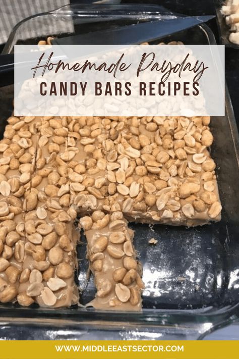 This recipe is so simple, you won’t believe it! You can make homemade PayDay Candy Bars with just a few ingredients that are found in your kitchen: a toffee candy bar, marshmallows, and peanuts. These delicious homemade payday candy bars are both sweet and salty, and they’re so easy to make! These homemade payday candy Copycat Payday Candy Bars, Diy Payday Candy Bars, Pay Day Bars Recipes, Payday Candy Bar Recipe, Keto Payday Candy Bars, Homemade Payday Bars Recipe, Homemade Payday Candy Bars, Payday Bars Recipe, Homemade Payday