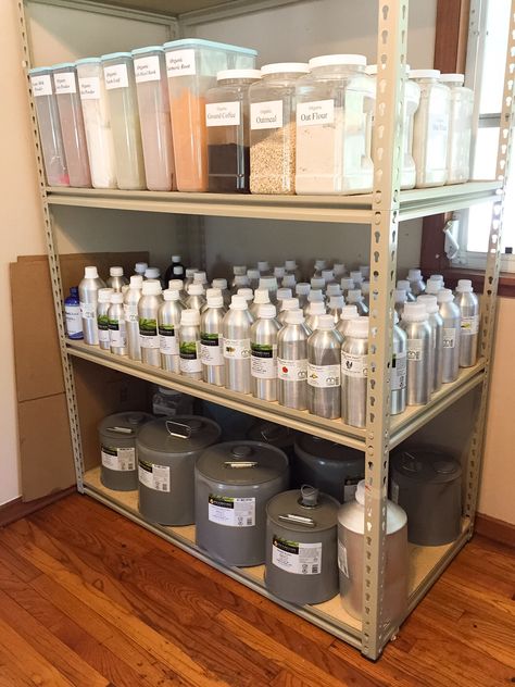 My essential oil and organic herbs shelf #soaproom #soapstudio #craftroom #diysoap Soap Studio, Candle Workshop, Soap Display, Soap Supplies, Candle Making Business, Candle Studio, Soap Making Supplies, Soap Shop, Homemade Soap Recipes