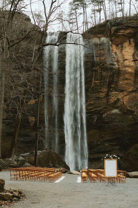 Wedding By Waterfall, Waterfall Wedding Ceremony, Flowers For Wedding Ceremony, Outside Wedding Ceremonies, Adirondack Wedding, Ceremony Florals, Adirondacks Wedding, Moody Florals, Aisle Markers