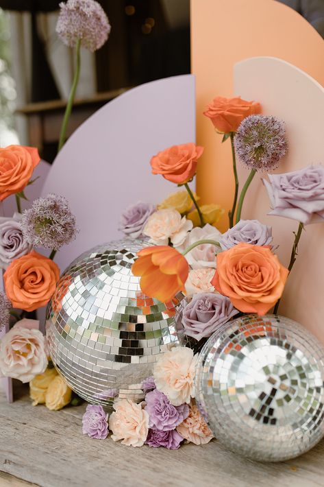 custom decor floral disco ball colorful springtime lilac and tangerine Floral Disco Ball, Disco Theme, Ibiza Wedding, Wedding Expo, Disco Balls, Rose Pastel, Wedding Mood Board, Custom Decor, Disco Party