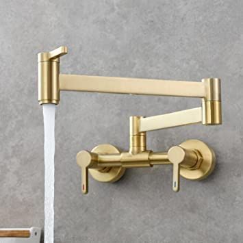 Kitchen Mixer Tap Wall Mounted Brass Hot and Cold Water Double Hole Swivel Folding Kitchen Sink Tap-Brushed Gold Adobe Kitchen, Kitchen Faucet Styles, Wall Mounted Kitchen Faucet, Peace Pipe, Wall Mounted Taps, Brass Kitchen Faucet, Business Research, Wall Mount Faucet Bathroom, Pot Filler Faucet