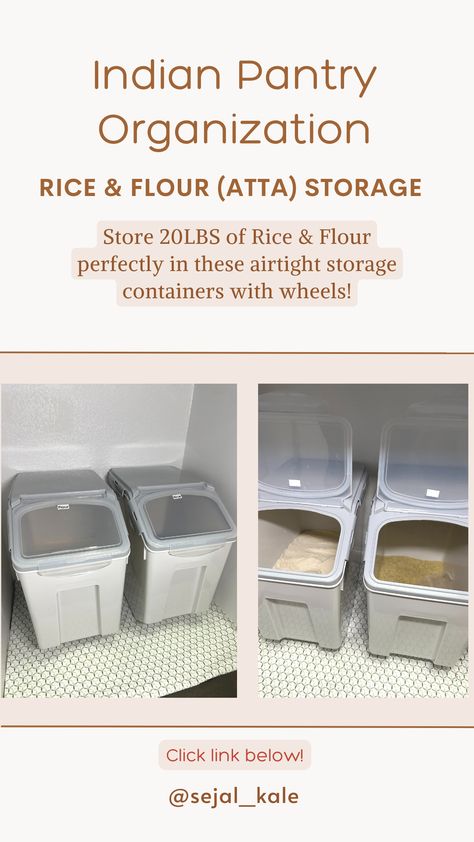 Perfect storage for your Rice and Flour bags (20lbs or 15 kgs). Airtight and has wheels for easy movement. #indianpantryorganization #ricestoragecontainer #organizedpantry #smallpantryorganizationideas #indianpantryorganizationideas #petfoodstorageideas Large Rice Storage Container, Rice Storage Ideas Kitchen Organization, Rice Storage Ideas, Flour Storage Containers, Rice Container Storage, Flour Storage, Flour Container, Small House Living, Rice Storage