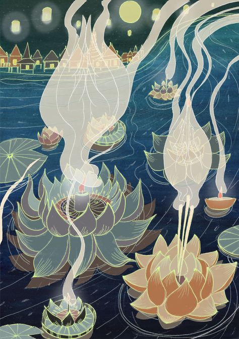 Loy Krathong Festival Art, วันลอยกระทง ภาพวาด, ลอยกระทง ภาพวาด, Loy Krathong Festival, Ask For Forgiveness, Loy Krathong, Hydrangeas Art, Show Respect, Festival Aesthetic