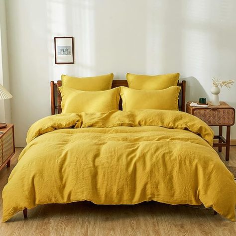 Simple&Opulence 100% Linen Duvet Cover Set 3pcs Basic Style Natural French Washed Flax Solid Color Soft Breathable Farmhouse Bedding with Button Closure - Mustard Yellow, King Mustard Bedding, Yellow Blush, Twin Size Duvet Covers, Color Sage Green, King Duvet Cover Sets, Linen Sheet Sets, Linen Duvet Cover, Full Duvet Cover, Farmhouse Bedding