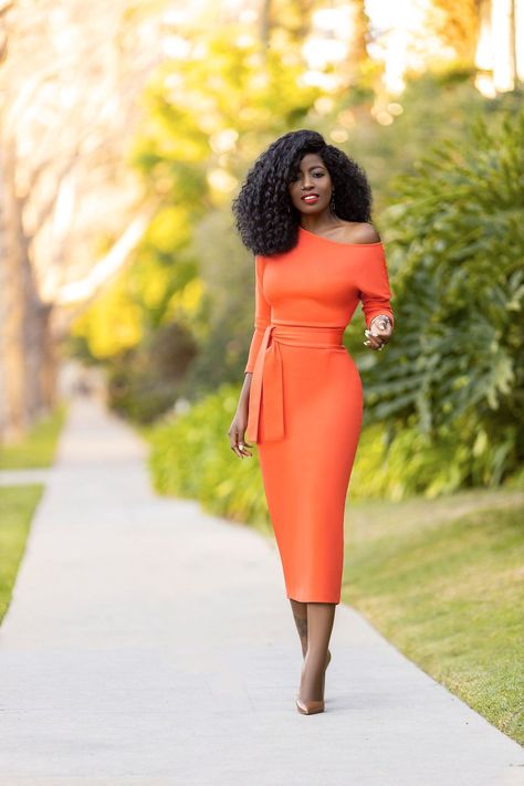 Orange Off Shoulder Pencil Dress Off Shoulder Pencil Dress, Orange Dress Outfit, Jumper Dress Outfit, Pencil Dress Outfit, Mira Duma, Style Pantry, Black Pencil Dress, Church Dress, Dress Idea