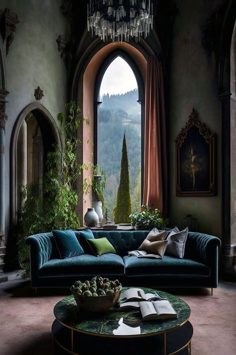 blue green velvet couch in dark academia castle style room Moody Eclectic Decor, Dark Academia Living Room, Dark Academia Room Ideas, Dark Academia Home Decor, Dark Academia Interior, Dark Green Rooms, Dark Academia Home, Dark Academia Room, Eclectic Decor Bedroom