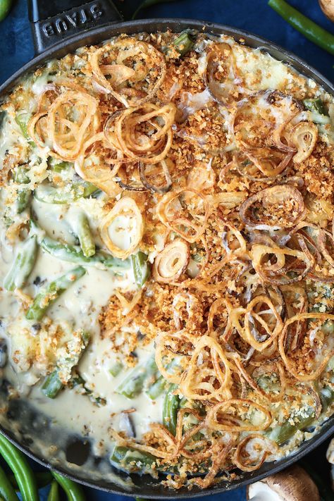 Cheesy Green Bean Casserole, Homemade Green Bean Casserole, Classic Green Bean Casserole, Vegan Green Bean Casserole, Greenbean Casserole Recipe, Vegan Bacon, Fried Shallots, Green Bean Casserole, Bean Casserole