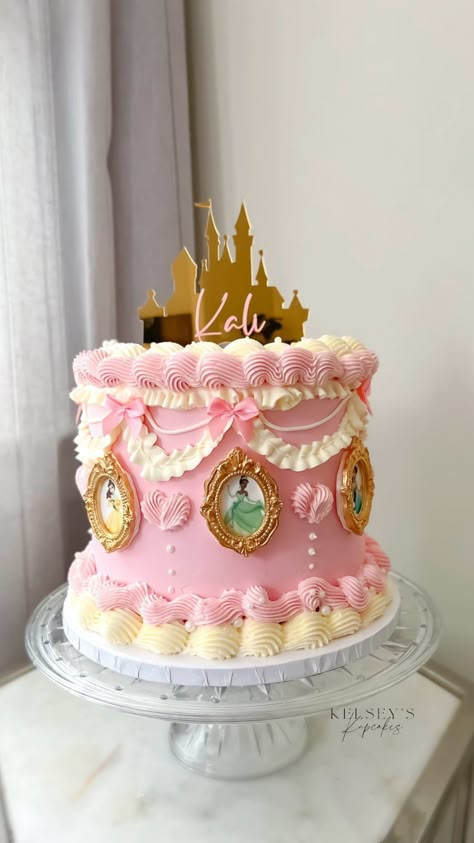 Instagram Buttercream Disney Princess Cake, Princess Cake And Cupcakes, Princess Themed Cake Ideas, Pink And Blue Princess Party, Princess 4th Birthday Cake, All Princess Cake, Disney Princess Second Birthday Party, Princess And Prince Birthday Party Ideas, Royal 5ness Birthday Cake