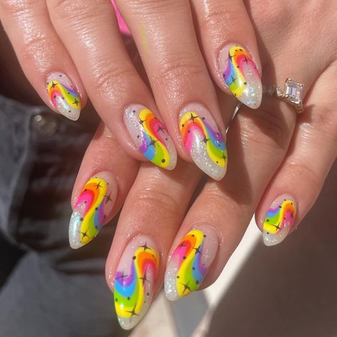 Kenna Crump on Instagram: "This Pride set!!👏🏻 ❤️🧡💛💚💙💜 #pride #pridemonth #pridenails #rainbownails #swirlnails #handpaintednailart #colorfullnails #summernails…" Rainbow Pride Nails, Mom Makeup, Pride Nails, Amazing Nail Art, Rainbow Nails Design, Rainbow Nail Art, Long Nail Art, Retro Nails, Really Cute Nails