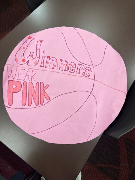 large paper pink basketball that says winners wear pink in various pink colors and patterns Student Section Posters Volleyball, Pink Out Posters Basketball, Pink Out Student Section Posters, Pink Student Council Posters, Pink Out Run Through Signs Football, Pink Out Signs Football, Pink Out Poster Ideas, Pink Out Posters Volleyball, Pink Out Volleyball Posters