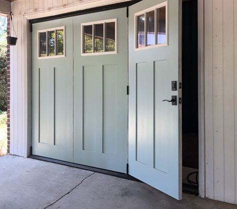 Door In Garage Door, Accordion Garage Doors, Folding Door Garage, Converted Garage Door Ideas, Converted Garage Door, Garage Door Renovation, Convert Garage Door To Entry Door, Converted Garage Exterior, Carport With Garage Door