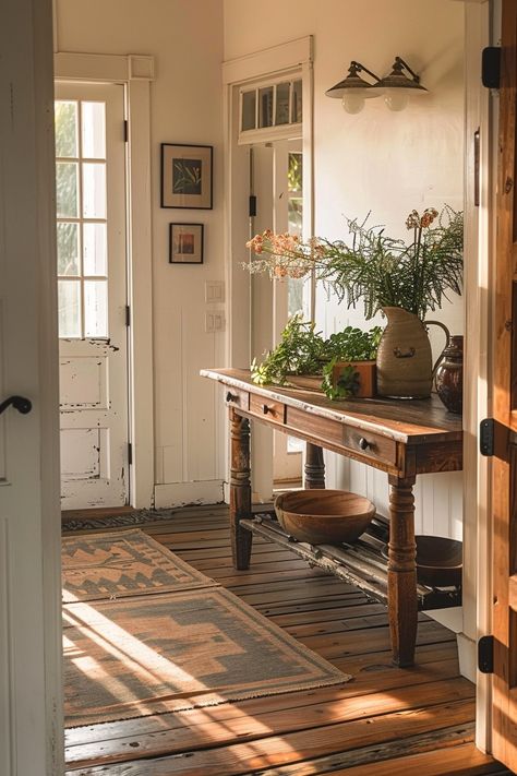 Cottagecore Entryway Ideas - Quiet Minimal Cottagecore Entryway, Modern Farmhouse Entryway Ideas, Scandinavian Cottage Interior, Entryway Aesthetic, Minimal Farmhouse, Rustic Benches, Cottage Entryway, Dining Room Corner, Welsh Cottage