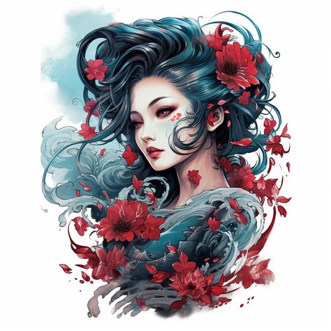 I will design professional japanese, asian style tattoo design Sakura Tattoo Design, Traditional Tattoo Woman, Geisha Illustration, Sakura Tattoo, Tattoos Traditional, Viking Symbol, Design Tattoos, Geisha Tattoo, Full Sleeve Tattoo Design