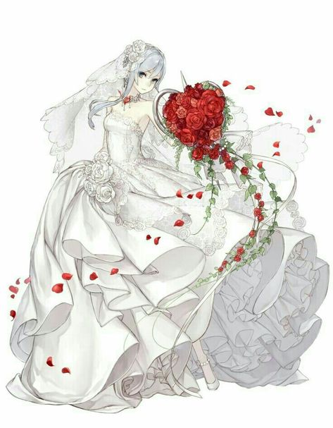 White Mage, Anime Wedding, Bouquet Of Roses, A Wedding Dress, Anime Outfits, White Hair, Snow White, A Wedding, Art Gallery