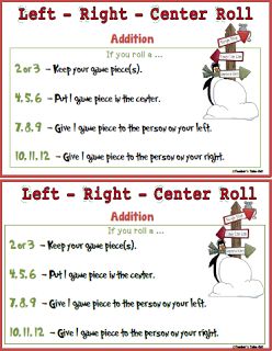 Free Left Right Center Christmas Math Game. Great for the classroom or with the family. Addition and Multiplication version included. Left Center Right Dice Game Christmas, Left Center Right Dice Game, Seniors Activities, Winter Math Games, Christmas Math Games, Left Right Center, Math Night, Play Math, Teacher Favorites