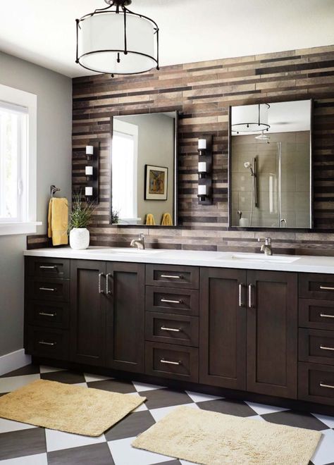 California dream home with contemporary and stylish living spaces Textured Feature Wall, Beautiful Master Bathrooms, Dark Wood Bathroom, Simple Bathroom Remodel, Wood Bathroom Vanity, Brown Cabinets, Transitional Bathroom, Senior Management, Bathroom Backsplash