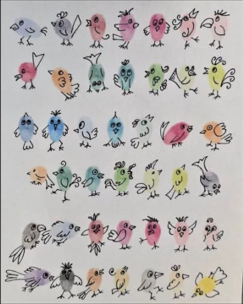 Bird Thumbprint Art, Finger Print Birds, Thumbprint Birds, Fingerprint Birds, Fingerprint Art Kids, School Auction Projects, Thumbprint Crafts, Art Auction Projects, Fingerprint Cards